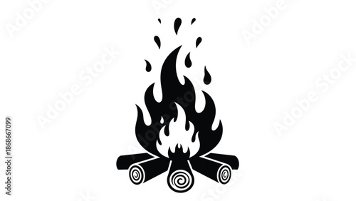 Minimalist black silhouette of a campfire with flames and logs isolated on white background