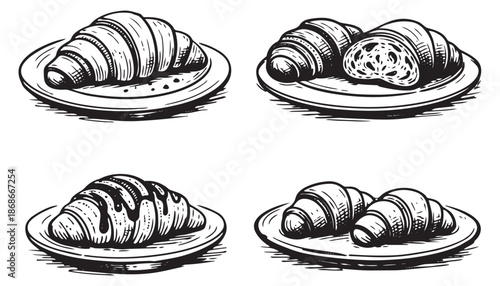 Hand drawn line art croissant set featuring individual, sliced, and chocolate-drizzled pastries on plates for breakfast and bakery menus