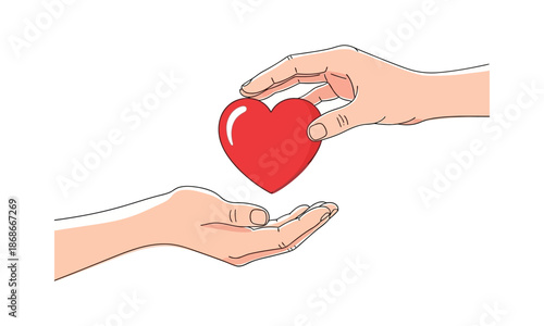 A hand is gently placing a red heart into another open hand, symbolizing love and care.