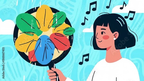 Young woman happily shaking a colorful tambourine creating rhythmic music notes in a cheerful setting