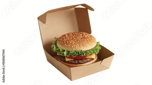 cheeseburger in cardboard take out box