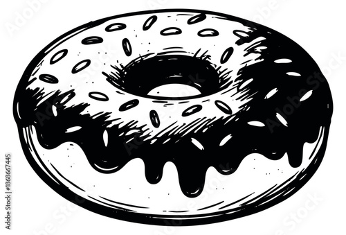 Hand drawn line art illustration of a donut depicting chocolate icing and sprinkles for bakery menus or dessert promotions