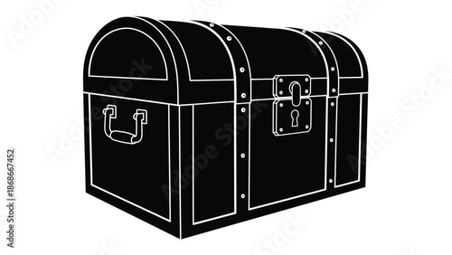 Black silhouette of a treasure chest with white outline on a isolated on white background