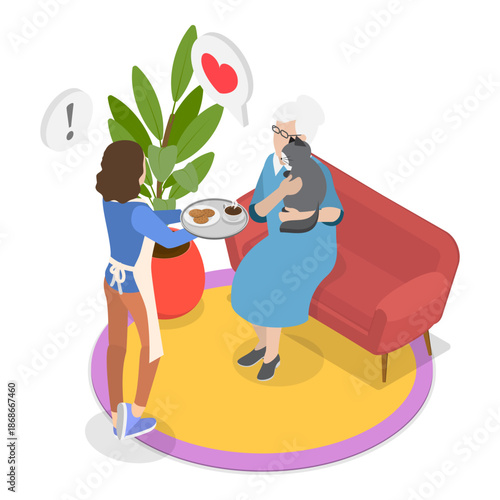 3D Isometric Flat Vector Illustration of Taking Care of Eldery and Kids, Scenes of Caregiver Services. Item 1