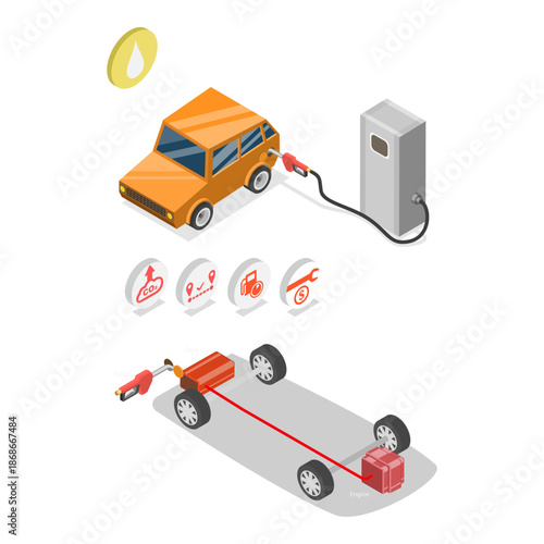 3D Isometric Flat Vector Illustration of Gasoline Vs Electric Cars, Comparison With Refueling And Charging Stations. Item 1