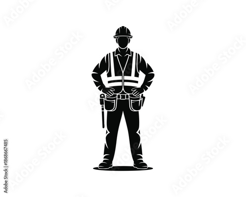 Proud construction worker, safety officer holding hard hat vector silhouette illustration design, proud construction worker silhouette, safety officer silhouette, worker holding hard hat silhouette, 