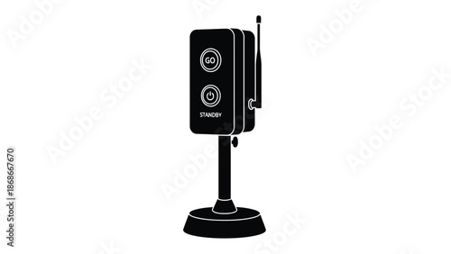Black silhouette of a wireless device on a stand with buttons and antenna isolated on white background