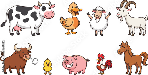 Cute cartoon farm animals set including cow duck sheep goat pig horse rooster isolated white background vector illustration for kids education