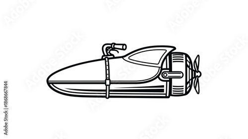 Black line drawing of a jet ski on a isolated on white background