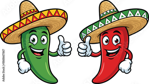 Cute cartoon chili peppers wearing sombrero hats smiling with thumbs up mexican food mascot isolated white background vector illustration design