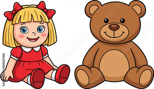 Cute cartoon girl doll with teddy bear toy isolated on white background colorful kids illustration vector design for nursery education use