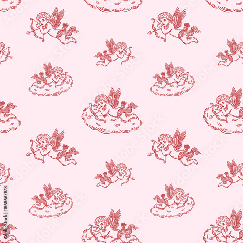 Cupid amour on cloud vector seamless pattern, whimsical background, valentine's print, line drawing
