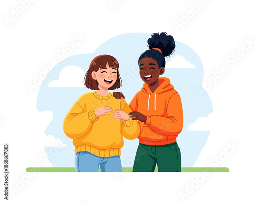 Two happy young women friends laughing together, showing joy and companionship in a cheerful illustration.