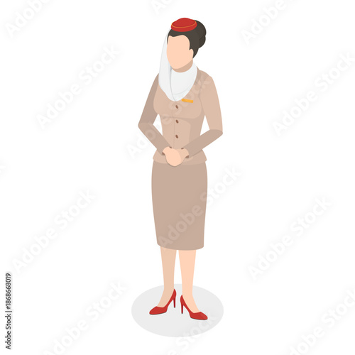 3D Isometric Flat Vector Illustration of Emirates Flight Attendants, Arabian Airline Women In Traditional Uniform. Item 1