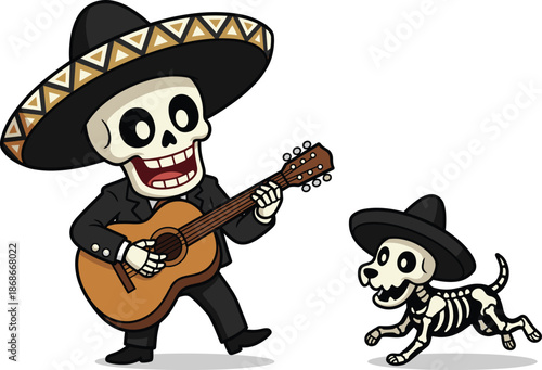 Cute cartoon skeleton mariachi musician playing guitar with skeletal dog celebrating Day of the Dead festive Mexican culture illustration vector