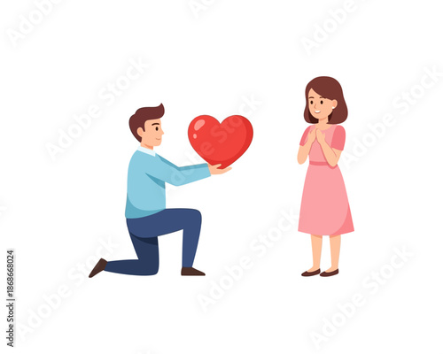 A man on one knee offering a large red heart to a surprised woman, symbolizing love and romantic gesture.