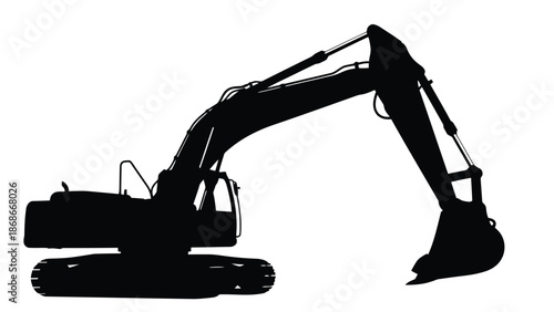 Black silhouette of an excavator machine isolated on white background