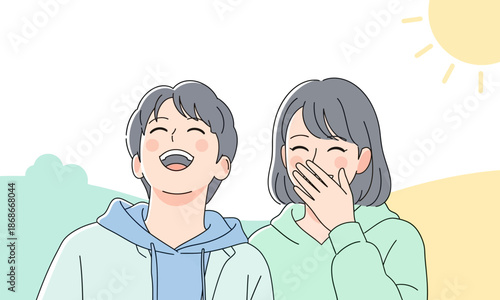 An illustration of a happy young couple laughing joyfully outdoors under a bright sunny sky.
