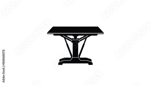 Black silhouette of a table with a flat top and metal base isolated on white background