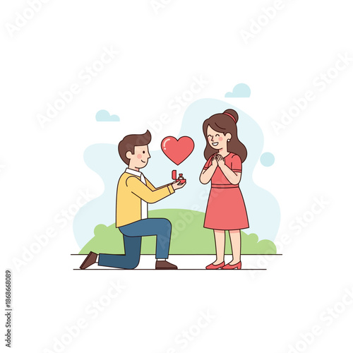 A man proposing marriage to a surprised and happy woman with a ring in a park setting, symbolizing love and commitment.