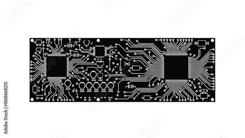 Black and white circuit board with electronic components flat design isolated on white background
