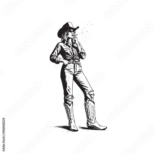 Cowgirl smoking a cigarette in a stylish outfit