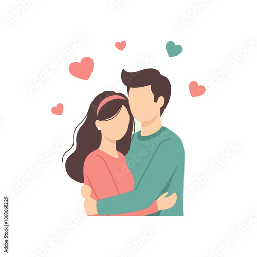 A loving couple embracing each other with hearts floating around them, symbolizing romance and affection.