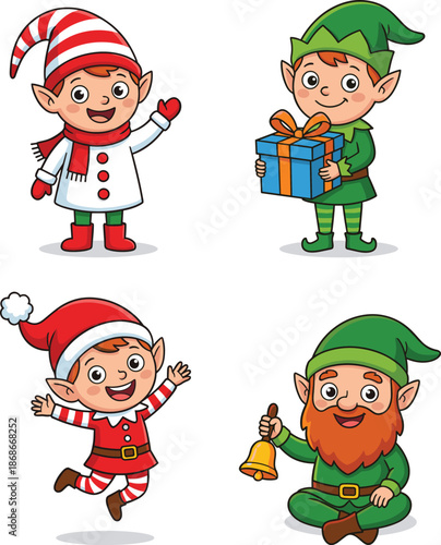 Cute Christmas elf cartoon characters set festive holiday helpers vector illustration isolated on white background for kids design branding marketing