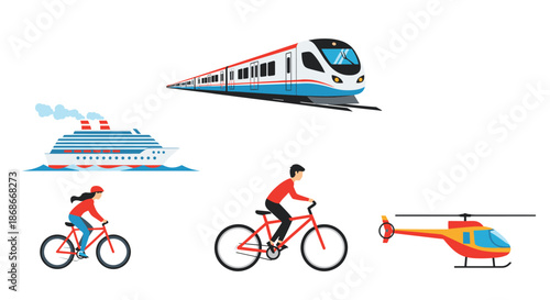A collection of various transportation modes including a modern train a cruise ship a helicopter and people riding bicycles.
