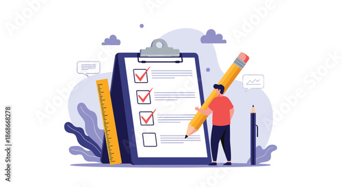 A man uses a giant pencil to check off completed tasks on a large clipboard checklist symbolizing productivity and goal achievement.