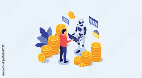 An isometric illustration of a man and a robot managing finances and investments with a laptop surrounded by stacks of gold coins.