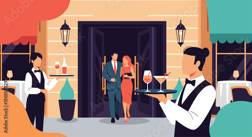 An elegantly dressed couple arrives at a luxurious fine dining restaurant for a romantic dinner greeted by waiters with trays.