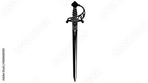 Silhouette of ornate dagger with intricate handle and blade isolated on white background