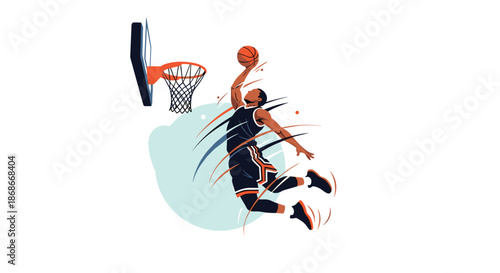 A dynamic and powerful basketball player in mid-air performs a spectacular slam dunk during an intense and exciting game.
