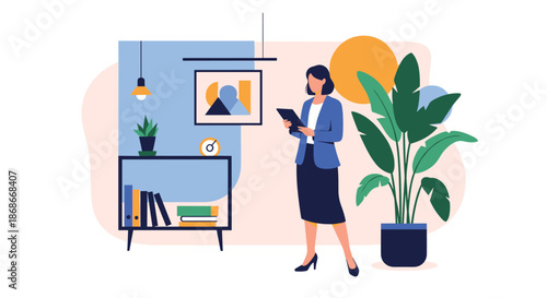 A professional businesswoman stands in a stylish modern office or home environment while working on a digital tablet device.