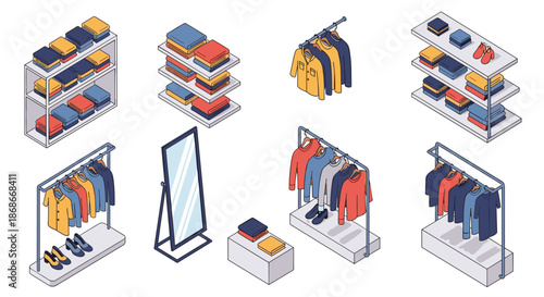 An isometric set of clothing store furniture and displays including racks shelves and a mirror for a fashion retail shop.