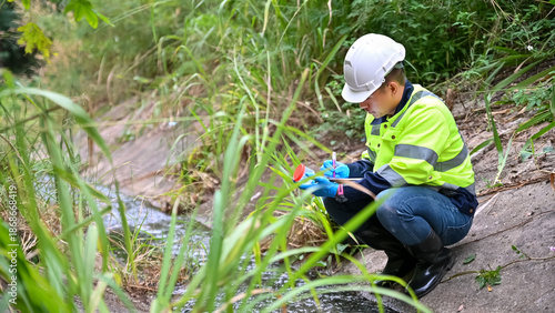 Environmental Inspector Collecting Water Sample from Stream for Quality Testing and Safety Monitoring