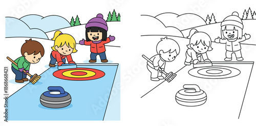 Children playing curling winter sports vector illustration with coloring page version; Kids sweeping ice and sliding stone on outdoor rink with mountain background for activity book.