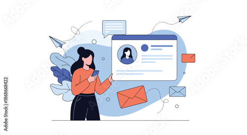 Woman holds a smartphone managing her digital identity on a social media profile while emails and messages fly around her._#