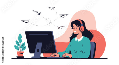 Smiling young woman with headphones works on her computer as paper airplanes fly around representing digital communication.._#