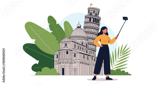 Young female tourist uses a selfie stick to take a picture of herself with the famous Leaning Tower of Pisa in Italy.._.