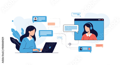 A woman uses her laptop for a video conference and online chat engaging in remote communication for work or personal calls.