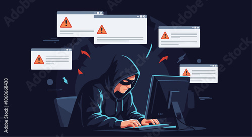 Anonymous hacker wearing a black hoodie and mask commits cybercrime by typing on a computer with multiple warning popups..