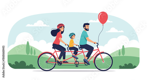 Happy family with a mother father and child enjoys a sunny day riding a red tandem bicycle together in a green park.._#