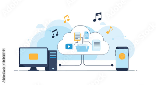 Cloud computing technology concept showing data transfer between a computer smartphone and a central cloud storage server..