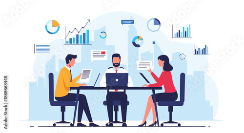 Business team collaborates in a modern office meeting analyzing data charts and graphs for a new corporate strategy.._#