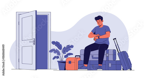 Young man with luggage sits on his suitcases and checks the time on his watch while waiting for his departure or arrival..