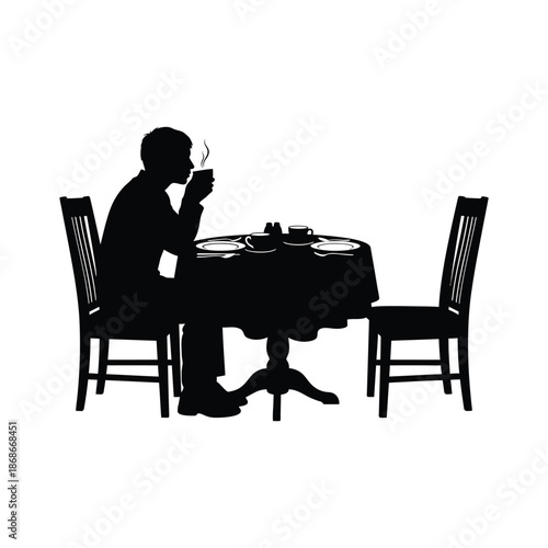 Thoughtful silhouette of a lonely man sitting at a dinner table for two, sipping coffee while staring at an empty chair, representing loss and longing.