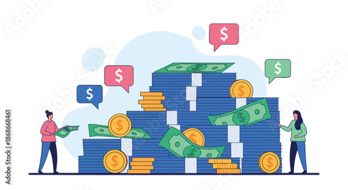 Two women stand next to a giant pile of cash with stacks of bills and coins representing wealth savings and investment.#_#