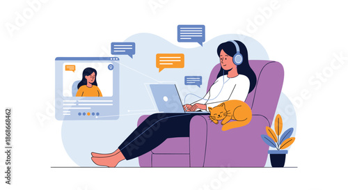 Woman wearing headphones relaxes in a chair while working from home on her laptop and having a video call with a cat..._#